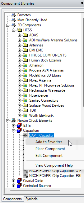 Component right-click menu. Add to Favorites option highlighted.