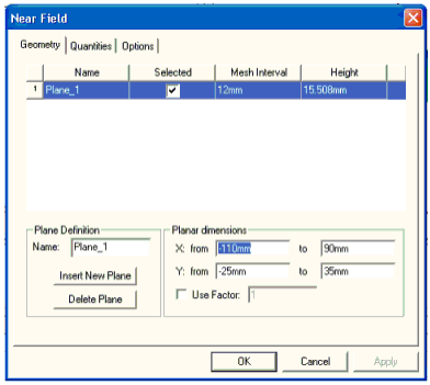 Near Field window, Geometry tab.