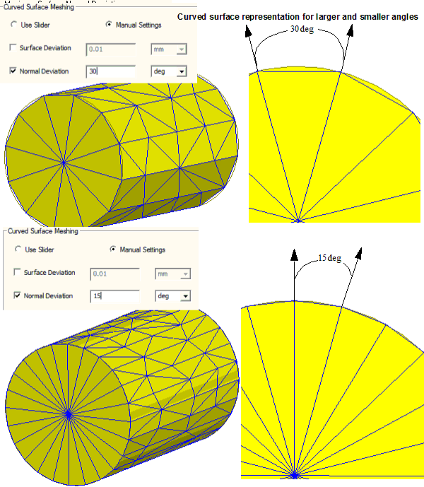 Curved Surface Meshing groupbox. Manual settings enabled. Normal deviation set to 30 degrees. Model shown with 30 degree deviation angles. Curved Surface Meshing groupbox. Manual settings enabled. Normal deviation set to 15 degrees. Model shown with 15 degree deviation angles.