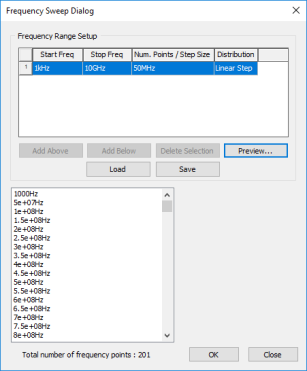 Frequency Sweep window
