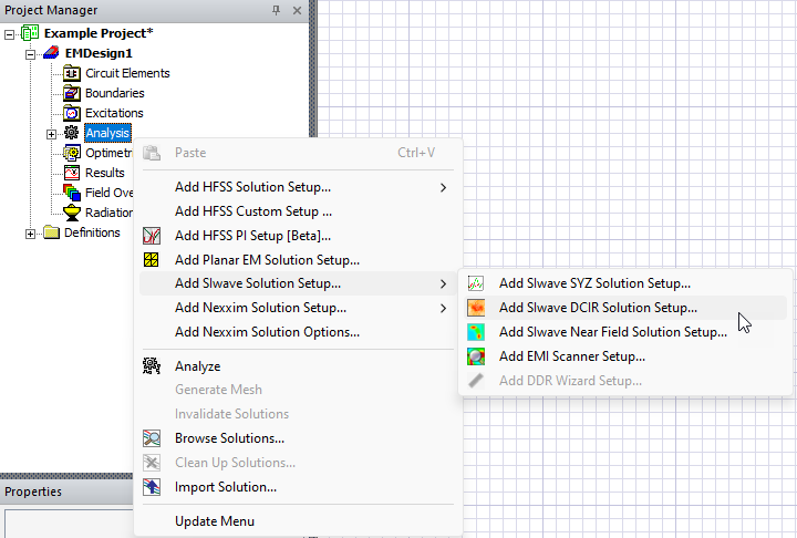 Project Manager Window > Active Design Folder > Analysis > Add SIwave Solution Setup > Add SIwave DCIR Solution Setup