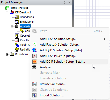 Project Manager Window > Active Design Folder > Analysis > Add SIwave DCIR Solution Setup