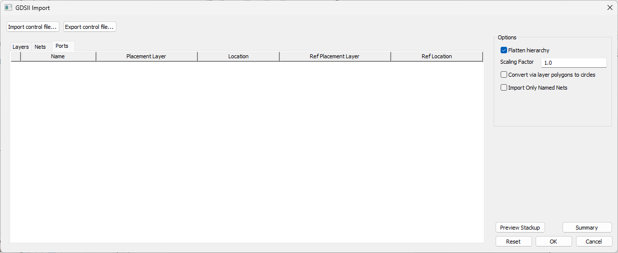 GDSII Import Window > Ports Tab