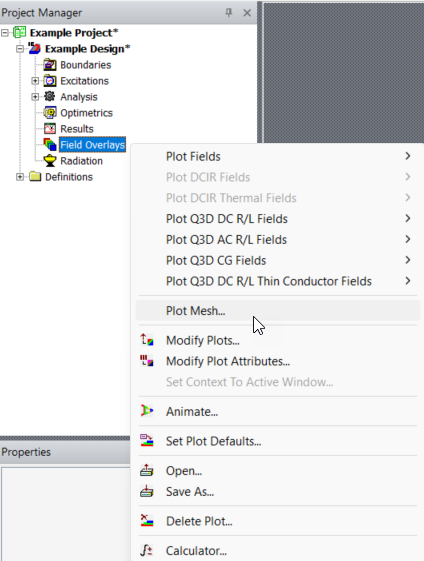Project Manager Window > Project Tree > Active Design Folder > Plot Mesh