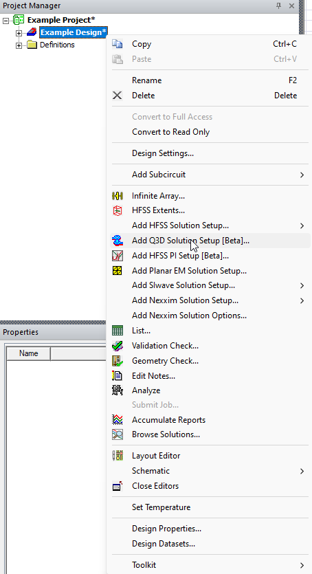 Project Manager > Project Tree > Active Design Folder > Add Q3D Solution Setup