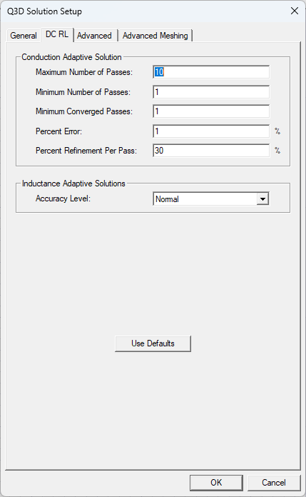 Q3D Solution Setup Window > DC RL Tab
