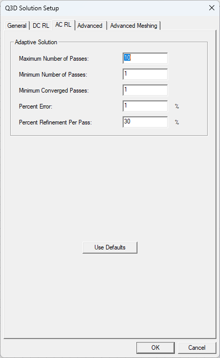 Q3D Solution Setup Window > AC RL Tab