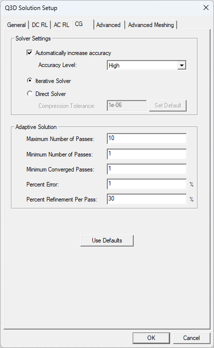Q3D Solution Setup Window > CG Tab