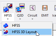 Electronics Desktop ribbon, HFSS dropdown menu expanded, HFSS 3D Layout option highlighted.