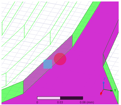 Model with blue square marker on a face.