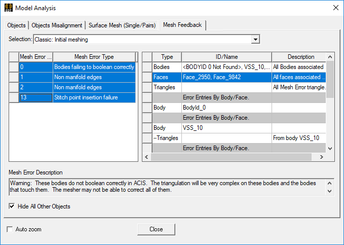 Model Analysis dialog. Mesh Feedback tab.