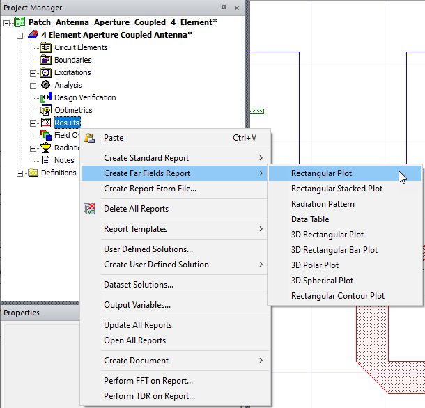 Project Manager Window > Project Tree > Active Design Folder > Results > Create Far Fields Report > Rectangular Plot