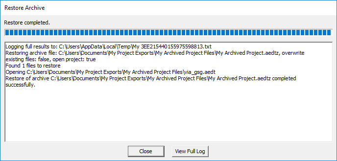 Restore Archive Progress Window