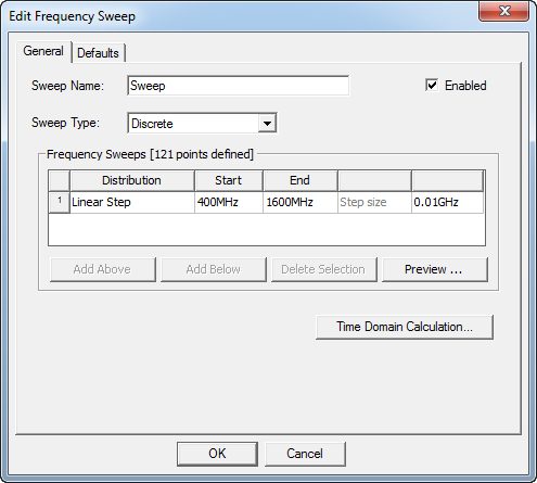Edit Frequency Sweep dialog. General tab.