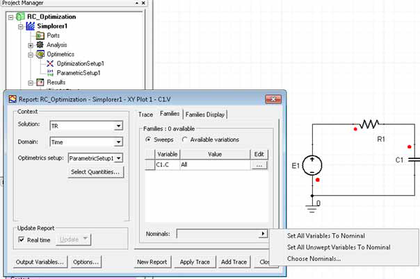 Report dialog. Nominal drop down menu open, set All Variables to Nominal option shown. 