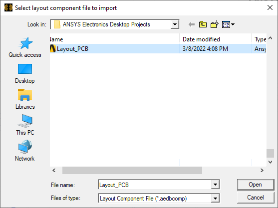 Select component file to import dialog box
