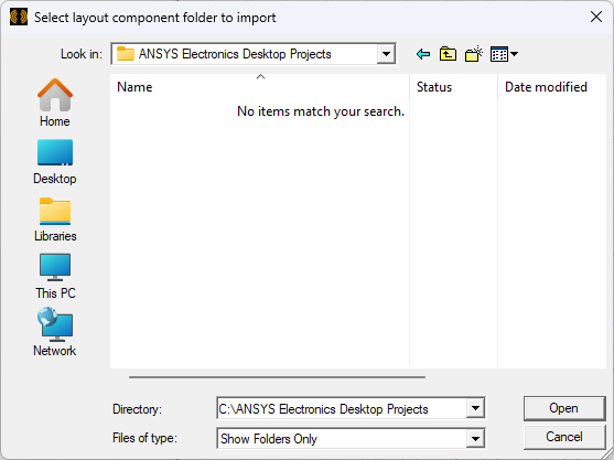 Select component folder to import dialog box