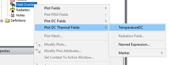 Field Overlay shortcut menu, Plot DC Thermal Fields option expanded, Temperature DC option highlighted.
