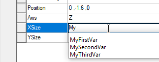 Example of XSize property auto-complete options listed.
