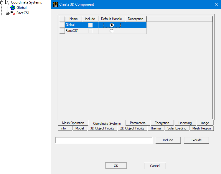 Create  3D Component dialog. Coordinate Systems tab.