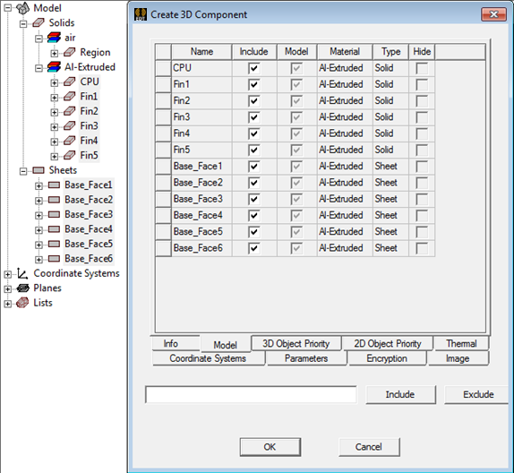 Create a 3D Component dialog. Model tab.