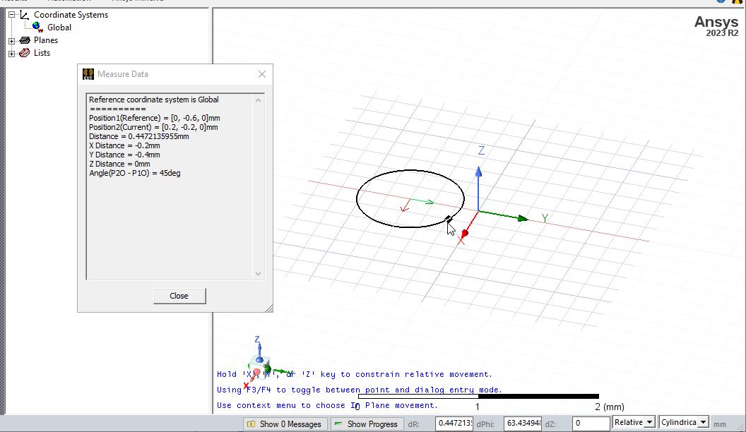 Modeler window. Mouse pointer on a point on a circle circumference.