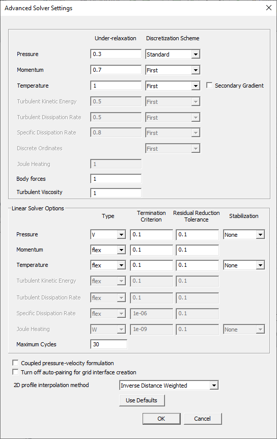 Icepak Advanced Solver Settings dialox box.