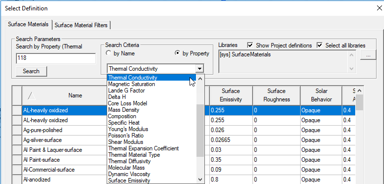 Select Definition window, Materials tab open. Search Criteria groupbox, "by property" selected, drop down menu property options shown.