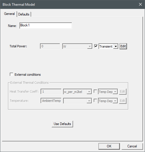 Icepak transient Block Thermal Model dialog box.