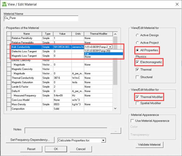View/Edit Material dialog box, Bulk Conductivity and Thermal Modifier emphasized.