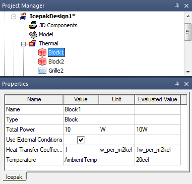 Icepak project manager, thermal boundary conditions emphasized.