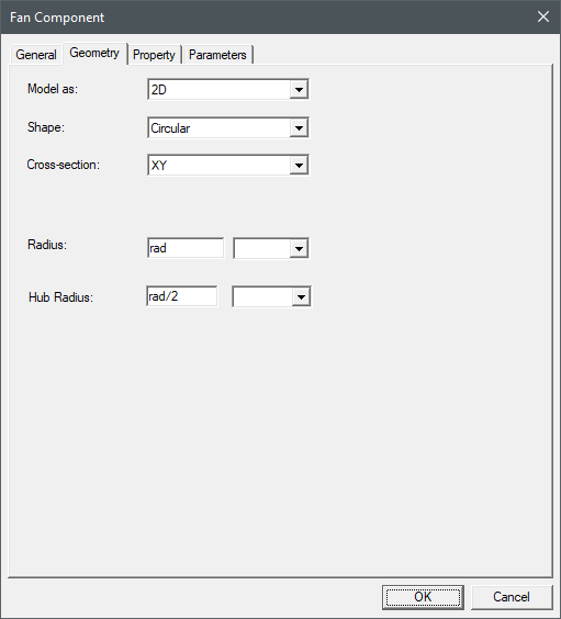 Icepak fan component Geometry tab, using an expression to specify a parameter displayed.