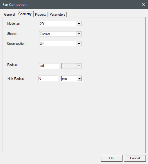 Icepak fan component dialog box Geometry tab.