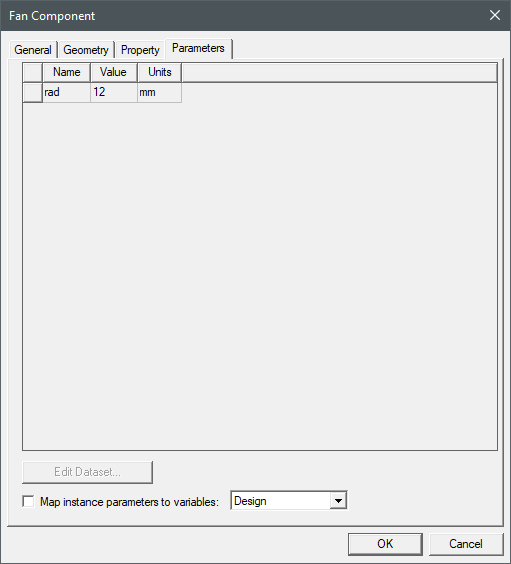Icepak fan component dialog box Parameters tab.