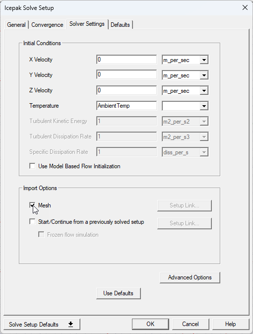 Icepak Solve Setup Dialog Solver Settings Tab Enable Mesh Import.