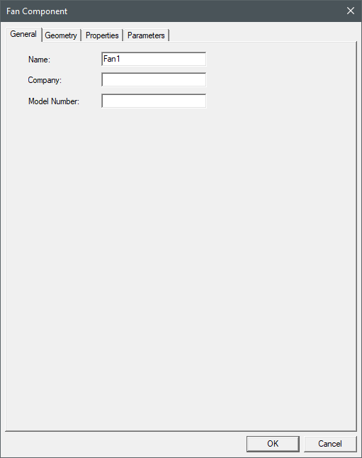 Icepak fan component dialog box General tab.