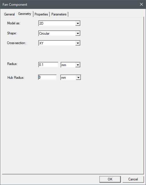 Icepak fan component dialog box Geometry tab.