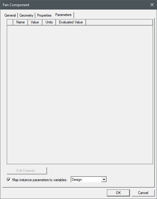 Icepak fan component dialog box Parameters tab.