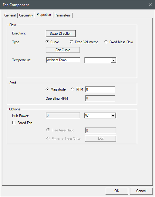 Icepak fan component dialog box Properties tab.