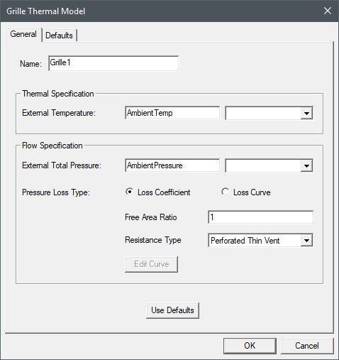 Icepak grille boundary condition dialog box.