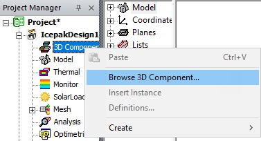 3D Components right-click menu. Browse 3D Component option highlighted.
