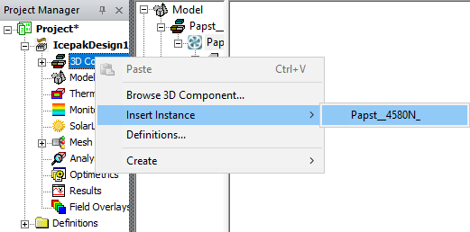 3D Component shortcut menu. Insert Instance option highlighted.