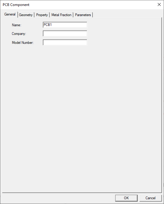 Icepak PCB component dialog box General tab.