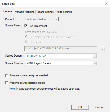Icepak PCB setup link dialog box General tab.