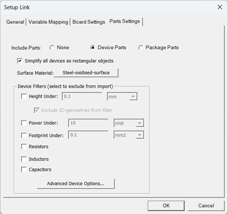 Icepak PCB setup link dialog box Parts Settings tab.