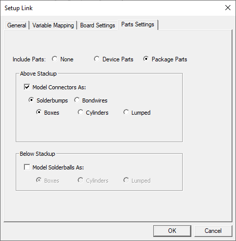 Icepak PCB setup link dialog box Parts Settings tab, Package Parts selected.