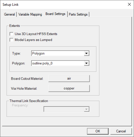Icepak PCB setup link dialog box Board Settings tab.