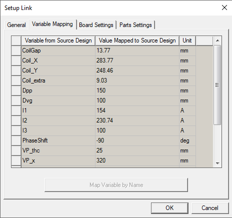 Icepak PCB setup link dialog box Variable Mapping tab.