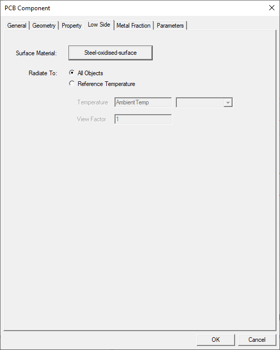 Icepak PCB component dialog box Low Side tab.
