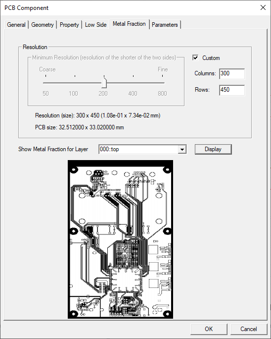 Icepak PCB component dialog box Metal Fraction tab.